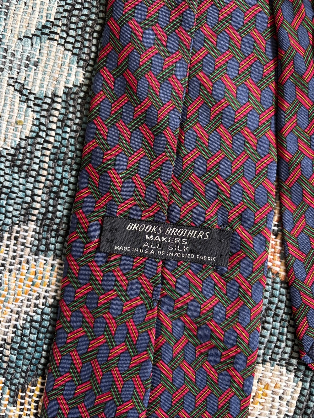 Brooks Brothers Vintage 100% Silk Tie in Navy with Red and Green Geometric Motif